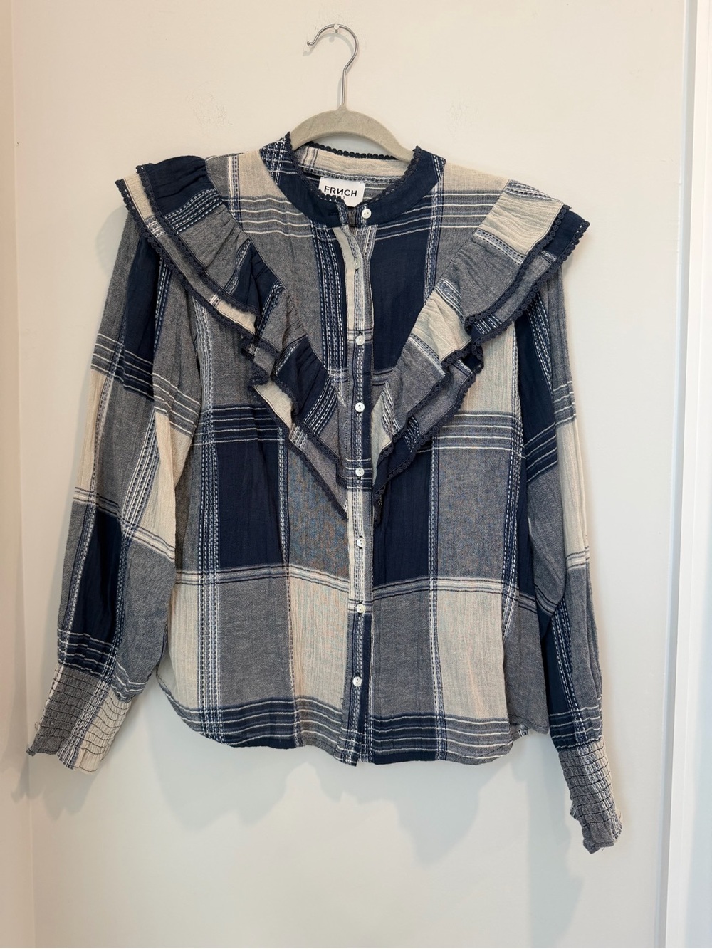 FRNCH Navy & Cream Plaid Boutique Ruffle-Trim Button-Down Top